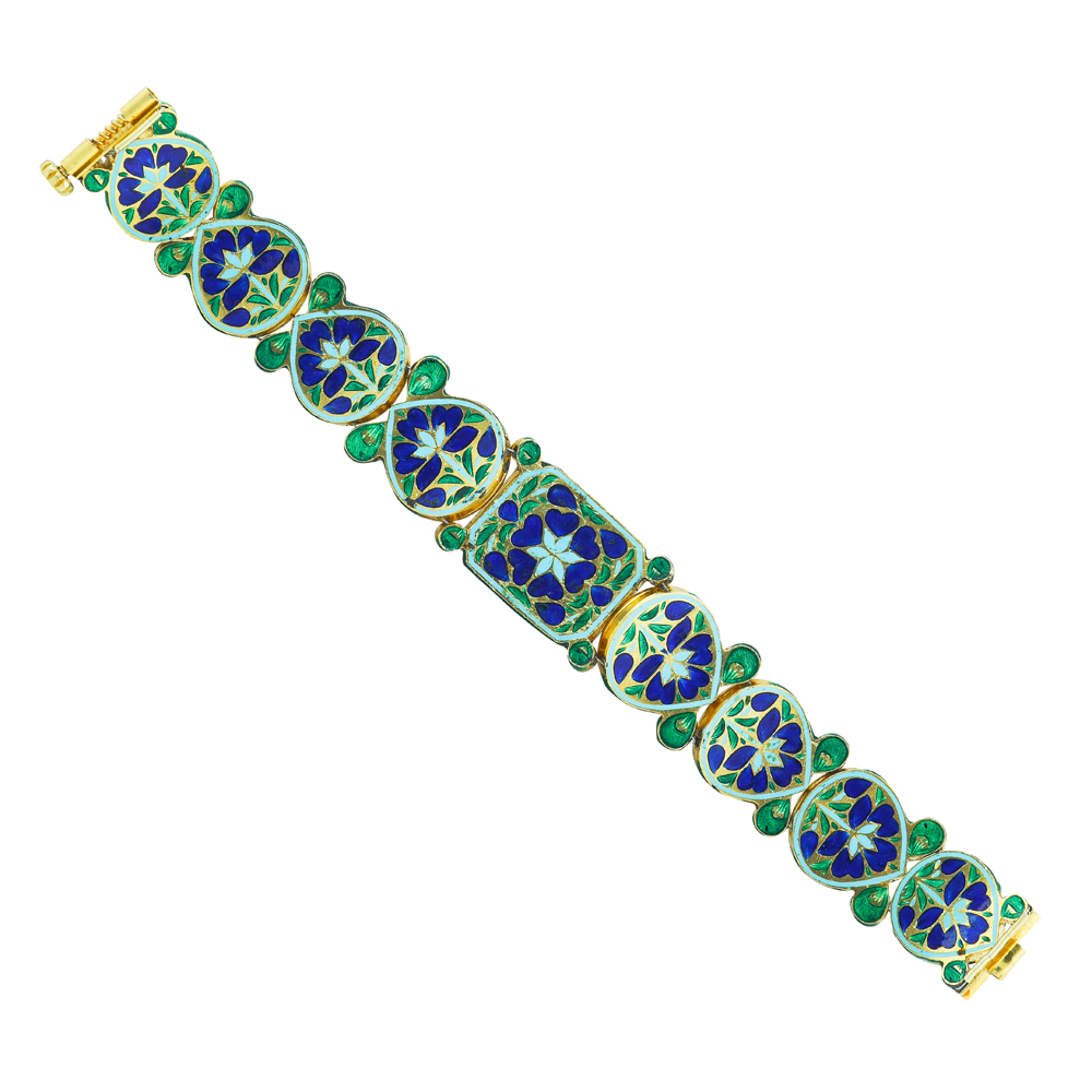 Polki Bracelet with Blue Enamel and Pear-Rectangle Motifs